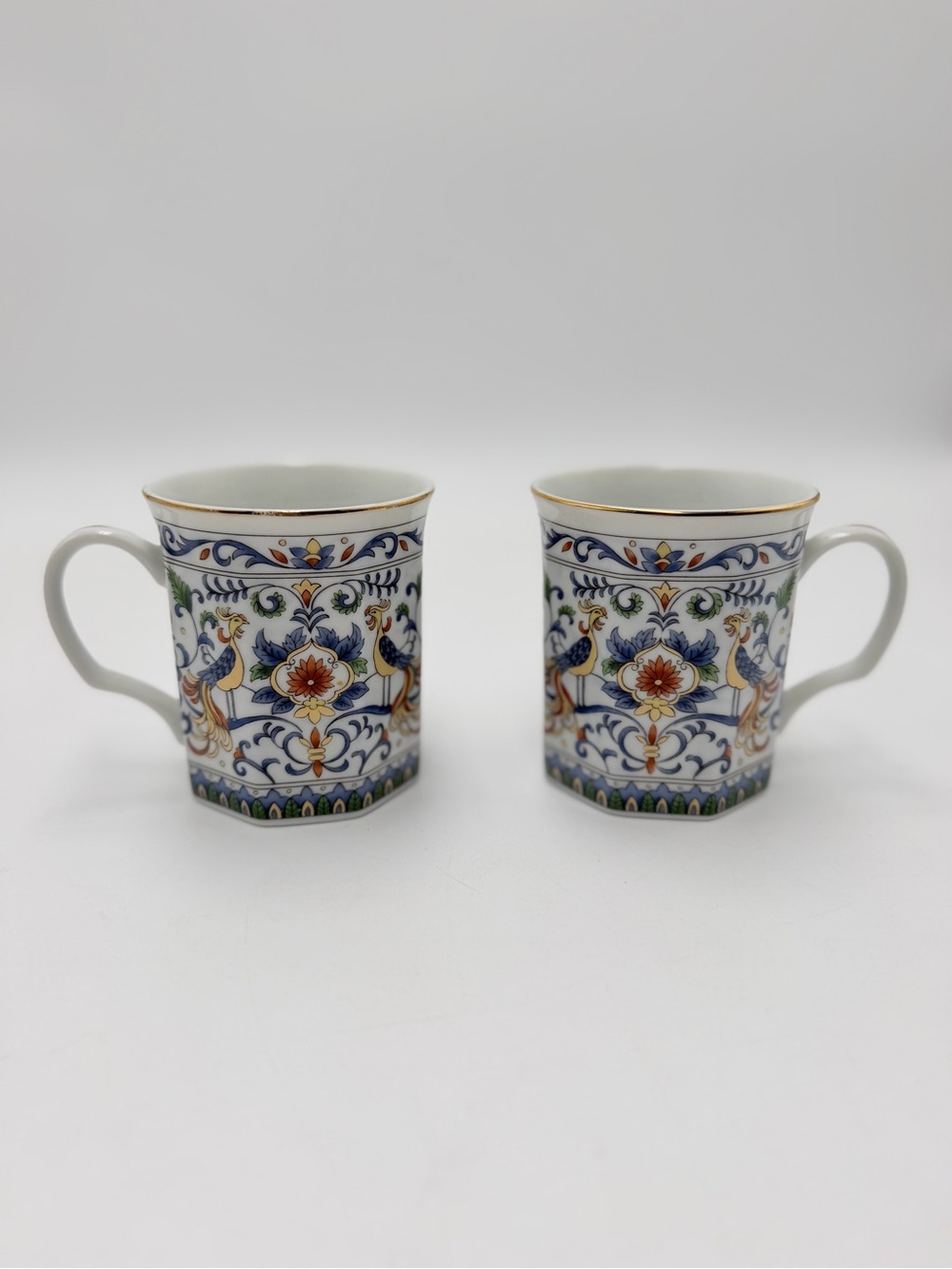 Kanesho Japan Set 2 Peacock Floral Octagon Coffee Mugs Gold Trim Vintage 4”